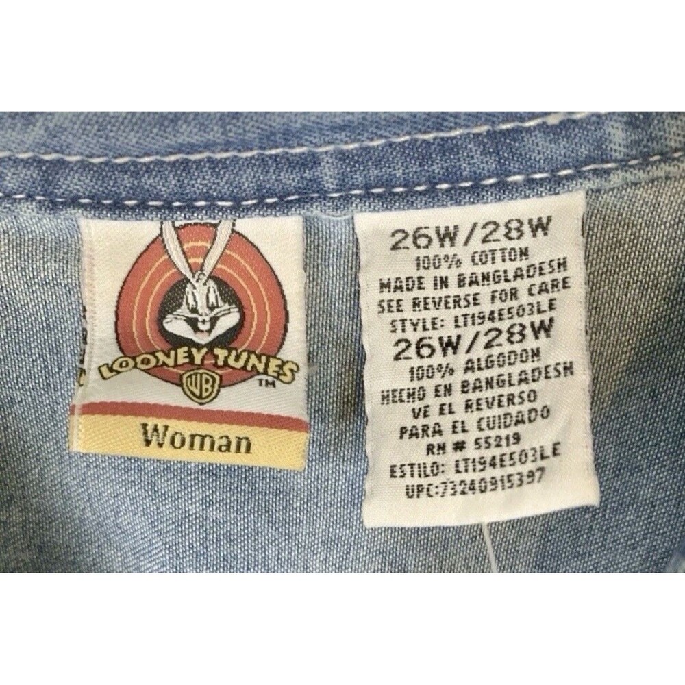 Warner Bro Looney-Tunes 1998 Chambray Embroidered Denim Button Up Shirt 26W/28W - Picture 5 of 10